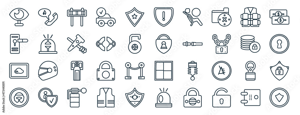 set of 40 flat security web icons in line style such as fire phone, door lock, transparent, boxing helmet, secure database, two dollar bills, security warning icons for report, presentation,