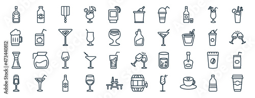 set of 40 flat drinks web icons in line style such as juice bottle, beer mug, jigger, pisco sour, frappuccino, bloody mary, ice bucket and bottle icons for report, presentation, diagram, web design