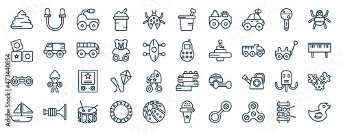 set of 40 flat toys web icons in line style such as skipping rope toy, cubes toy, gamepad toy, boat cart spider bucket icons for report, presentation, diagram, web design