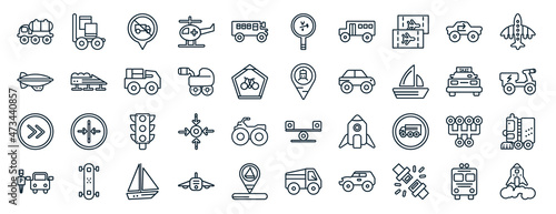 set of 40 flat transport web icons in line style such as cart with boxes, blimp, shift, parking men, taxi transportation car from frontal view, airplane pointing up, repair icons for report,