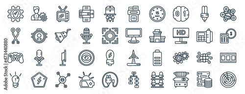 set of 40 flat technology web icons in line style such as project manager, printed circuit connections, video game controller, light bulb idea, fax phone, conection, file storage icons for report,