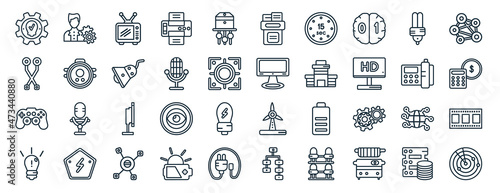 set of 40 flat technology web icons in line style such as project manager, printed circuit connections, video game controller, light bulb idea, fax phone, conection, file storage icons for report,