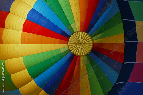 Symmetrical pattern of colorful hot air balloon viewed from below
