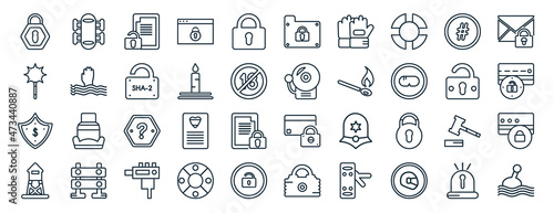 set of 40 flat security web icons in line style such as leg protector, e, euro currency security shield, watch tower, padlock unlocked, secure envelope, lock folder icons for report, presentation,
