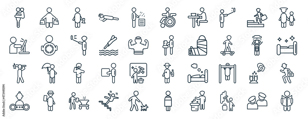 set of 40 flat behavior web icons in line style such as shopper man, man with computer screen, man digging, engineer working, showering, child with on wheelchair icons for report, presentation,
