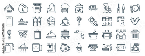 set of 40 flat kitchen web icons in line style such as eggs, chopping board, beater, liquid soap, soap dispenser, dinner, flour icons for report, presentation, diagram, web design