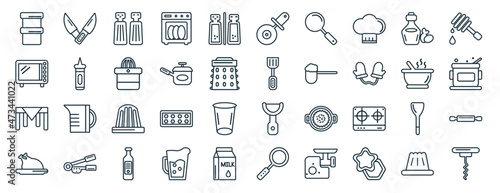 set of 40 flat kitchen web icons in line style such as knives, microwave oven, tablecloth, broiler, soup bowl, honey dipper, pizza cutter icons for report, presentation, diagram, web design