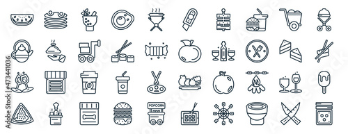 set of 40 flat food web icons in line style such as pancake, japanese tea pot, glasses of wine, goiabinha, cake graphic, closed barbacue, paper knife icons for report, presentation, diagram, web