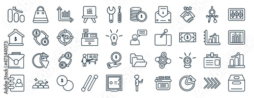 set of 40 flat business web icons in line style such as shopping bags, mortgage loan, briefcase, address book, graphic chart, tones, dollar coins stack icons for report, presentation, diagram, web