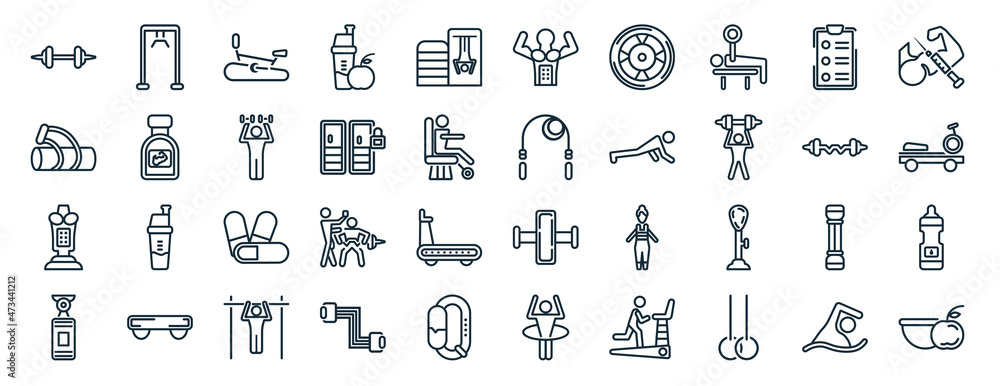 set of 40 flat gym and fitness web icons in line style such as training apparatus, gym bag, boxing mannequin, boxing bag, dumbbells bar, steroids, bodybuilder icons for report, presentation,