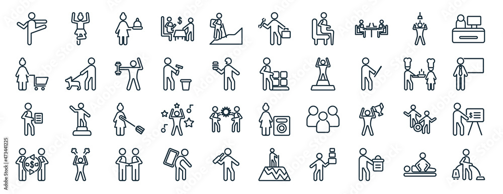 set of 40 flat humans web icons in line style such as gymnastics, housewife shopping, single file, people trading, cooker couple, office worker, hine repair icons for report, presentation, diagram,
