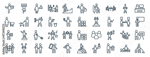 set of 40 flat humans web icons in line style such as gymnastics, housewife shopping, single file, people trading, cooker couple, office worker, hine repair icons for report, presentation, diagram,