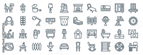 set of 40 flat furniture web icons in line style such as cuckoo clock, fauteuil, dinner table, fish bowl, wall shelves, dehumidifier, fireplace icons for report, presentation, diagram, web design