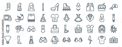 set of 40 flat fashion web icons in line style such as caveman, parfume, strapless tube dress, accessory, hobo shoulder bag, pirate scarf, roller skater icons for report, presentation, diagram, web