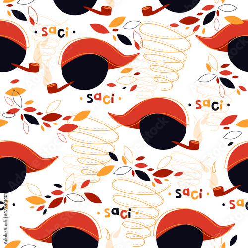 Saci Pererê, illustration. Seamless pattern vector repeat. Mythological character of Brazilian folklore culture. Fantastic creature from Brazil. Boy, pipe, hurricane.