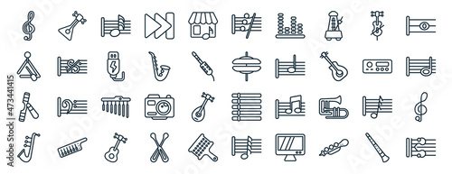 set of 40 flat music and media web icons in line style such as balalaika, music triangle, clave, jazz, amplifier, whole, thirty second note rest icons for report, presentation, diagram, web design