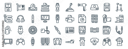 set of 40 flat electronic devices web icons in line style such as sound card, electric blanket, mouse, convection oven, video recorder, earphone, joystick icons for report, presentation, diagram,