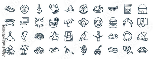 set of 40 flat culture web icons in line style such as brazil team shield, fabada, rio de janeiro, indian village, kokoshnik, mud hut, cake with a flag icons for report, presentation, diagram, web