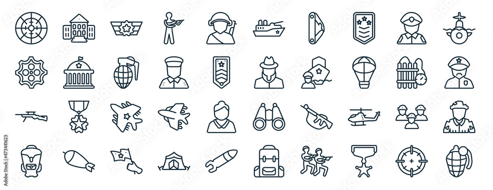Naklejka premium set of 40 flat army and war web icons in line style such as militar antique building, chamber, sniper rifle, backpack, time bomb with clock, submarine front view, militar ship icons for report,
