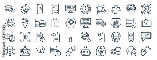 set of 40 flat augmented reality web icons in line style such as tilt, game control, goals, layers, available, drone, velocity icons for report, presentation, diagram, web design
