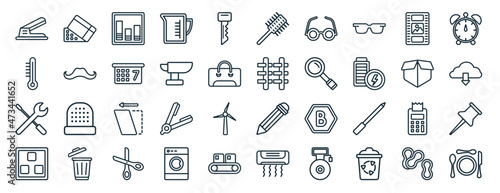 set of 40 flat tools and utensils web icons in line style such as chote box, thermometers, reparation, basic square, open black box, circular clock, combs icons for report, presentation, diagram,