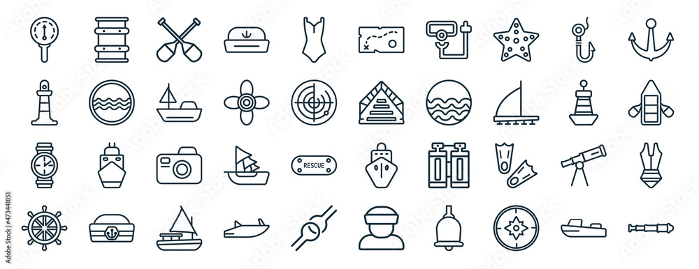 set of 40 flat nautical web icons in line style such as big barrel, smeatons tower, water resist watch, boat steering wheel, buoy, marine, nautical map icons for report, presentation, diagram, web