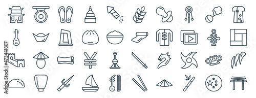 set of 40 flat asian web icons in line style such as gong, pipa, great wall of china, jiaozi, chinese knot, chinese dress, spike icons for report, presentation, diagram, web design