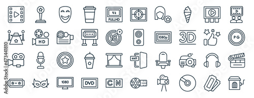 set of 40 flat cinema web icons in line style such as star movie award, red carpet, movie camera, theater ticket, thumb up with star, people watching a movie, film counter icons for report,