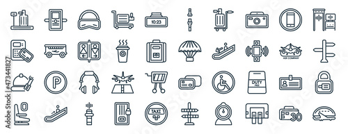set of 40 flat airport terminal web icons in line style such as airport x ray hine, airport atm, tray with cover, airplane seat, air company, security control, airplane security belt icons for