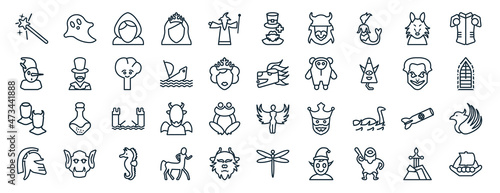set of 40 flat fairy tale web icons in line style such as ghost, pinocchio, antagonist, warrior, joker, armor, leprechaun icons for report, presentation, diagram, web design