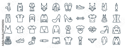 set of 40 flat clothes web icons in line style such as basketball jersey, trouser, nightwear, kilt, vintage dress, mannequin, sandals icons for report, presentation, diagram, web design