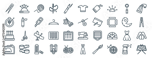 set of 40 flat sew web icons in line style such as pin holder, embroidery, pin cushion, new sewing hine, french curve, paint tube, garment icons for report, presentation, diagram, web design photo