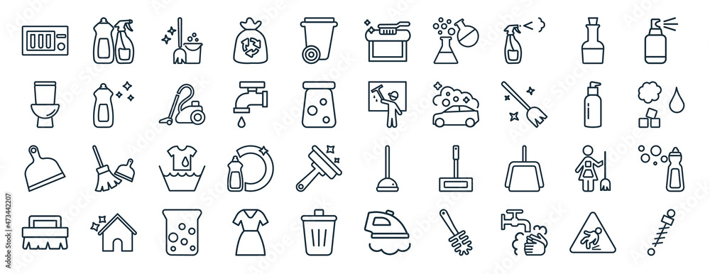 set of 40 flat cleaning web icons in line style such as cleaning products, toilet, dust pan, scrub brush, emulsion, spray, carpet cleaning icons for report, presentation, diagram, web design