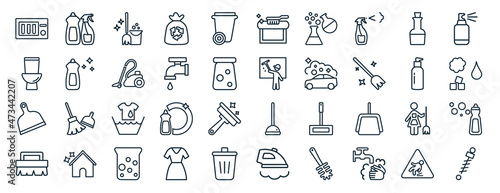 set of 40 flat cleaning web icons in line style such as cleaning products, toilet, dust pan, scrub brush, emulsion, spray, carpet cleaning icons for report, presentation, diagram, web design