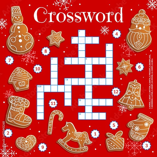 Christmas gingerbread, crossword grid worksheet to find a word, vector quiz game. Crossword for kids or puzzle riddle to find Christmas gingerbread cookies of Santa, Xmas tree, bell and mitten