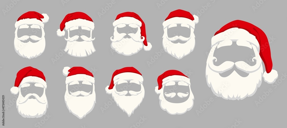 Christmas Santa masks of cartoon hat, mustaches and beard for photo booth, vector faces. Xmas holiday isolated face masks of Santa for funny selfie effect or video chat face filter - obrazy, fototapety, plakaty 