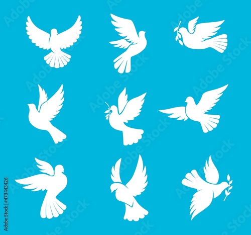 Christmas dove or wedding pigeon silhouettes, vector bird of peace and winter holiday. White dove with olive branch leaf, symbol of hope and freedom, wedding or Christmas greeting card icons