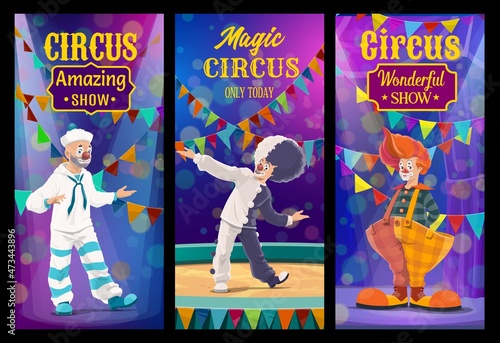 Shapito circus clowns cartoon characters. Vector banners with funny men performers on big top arena. Carnival funster and jester in bright costume, perform show on circus stage with flags and lights