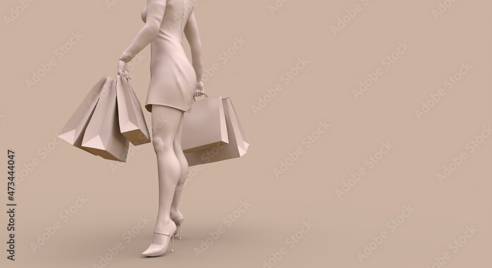 Shopper with shopping concept 3d illustration in beige color Shopper with shopping concept 3d illustration in beige color