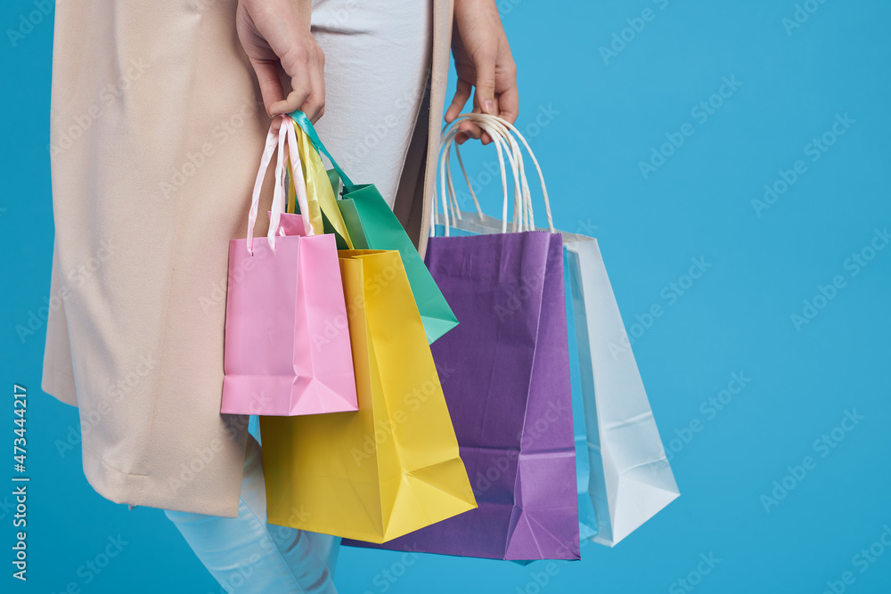 glamorous woman attractive look shopping smile summer style blue background