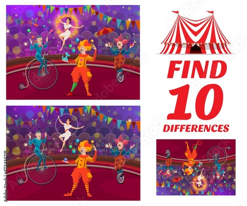 Kids game, find differences on shapito circus stage, vector puzzle. Find differences board game with cartoon funfair carnival circus clown jester or joker, acrobat and equilibrist on unicycle