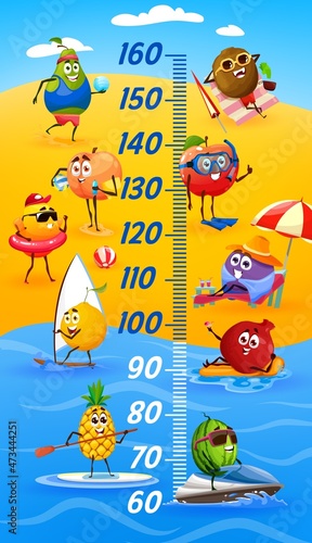 Kids height chart, funny cartoon fruits on summer vacation. Vector growth measure meter with ruler scale on tropical beach. Apple, pineapple, watermelon and lemon, garnett, plum, pear, peach and kiwi