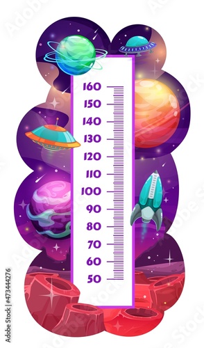 Kids height chart with cartoon space planets, vector measure meter and child tall scale. Kids height chart with rocket shuttles in galaxy space and UFO aliens on galactic planet with meteorite craters