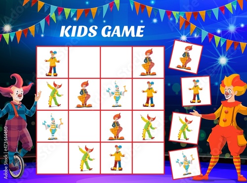 Kids sudoku game with shapito circus clowns and jesters, vector tabletop puzzle. Sudoku board game or logic riddle with funny cartoon circus clowns in wigs and on unicycle at funfair carnival