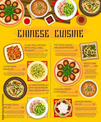 Chinese food, cuisine dishes and restaurant menu, vector China and Asian oriental meals. Chinese cuisine food table with beans and Peking duck, gourmet beef meat and seafood soups, world kitchens