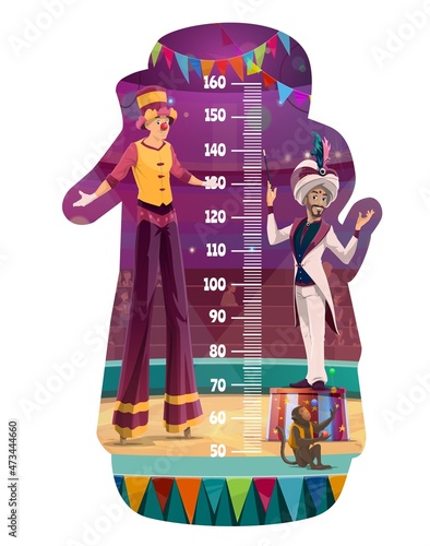 Kids height chart with shapito circus characters, vector cartoon growth measure meter. Kids measuring scale or baby tall meter with funfair carnival magician illusionist, juggling monkey and acrobat