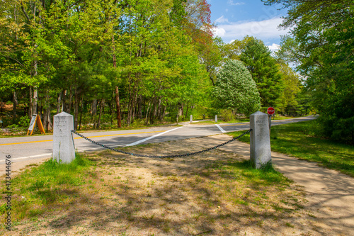 Battle Road Trail in spring in Minute Man National Historic Park in town of Lexington, Massachusetts MA, USA. 