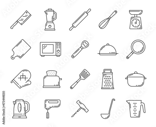 Kitchenware thin line icons, kitchen equipment, cooking utensil and culinary dishware, vector. Kitchenware appliances microwave oven, toaster and teapot, saucepan and frying pan, knife and ladle