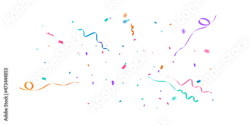 Celebration background template with confetti and colorful ribbons.