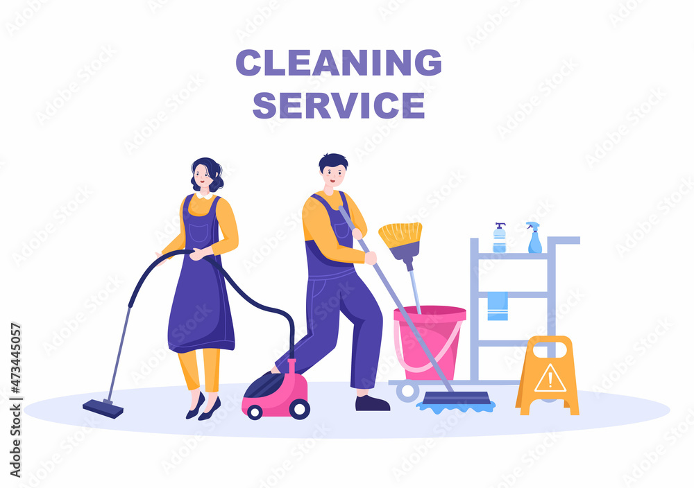 Cleaning Service flat Design Illustration. People Vacuum, Wipe the Dust and Sweeping Floor in the House for Background, Banner or Poster